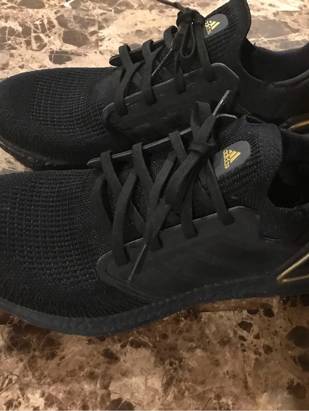 adidas Ultraboost Black Knit Athletic Running Shoes with Gold Logo
